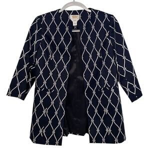 Vintage Talbots Navy Blue White Print Lined Open Front Cotton Long Jacket